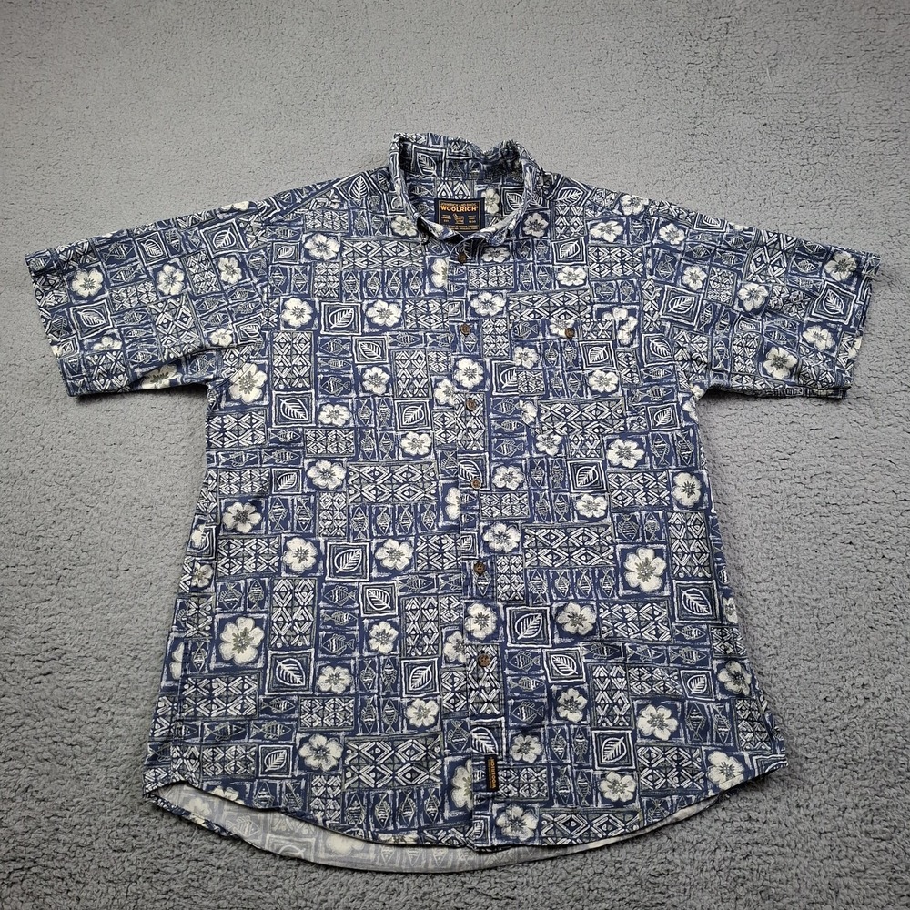 Vintage Woolrich Men's Large Floral Hawaiian Cotton Button Down Shirt Fishing